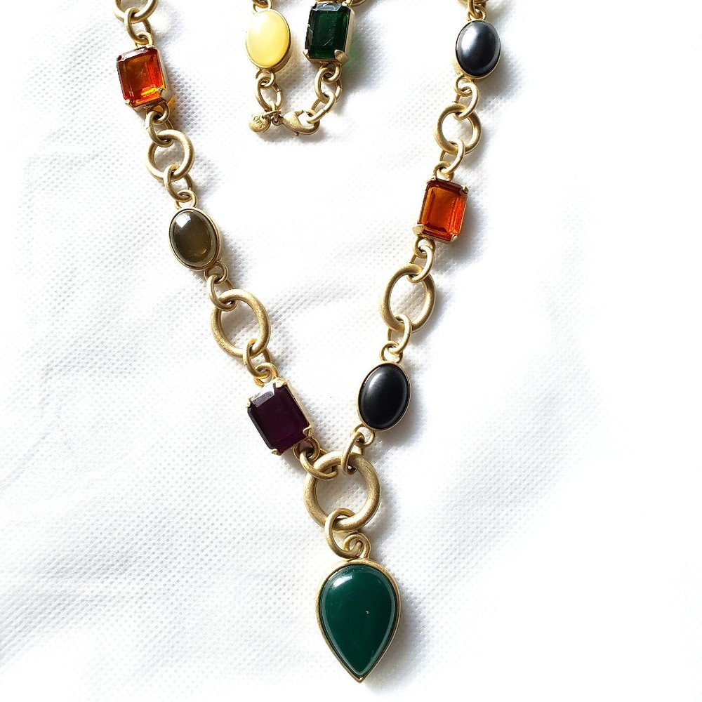 Vintage Ann Taylor LOFT Chunky Runway Jeweled Multi Color Brushed Gold Necklace